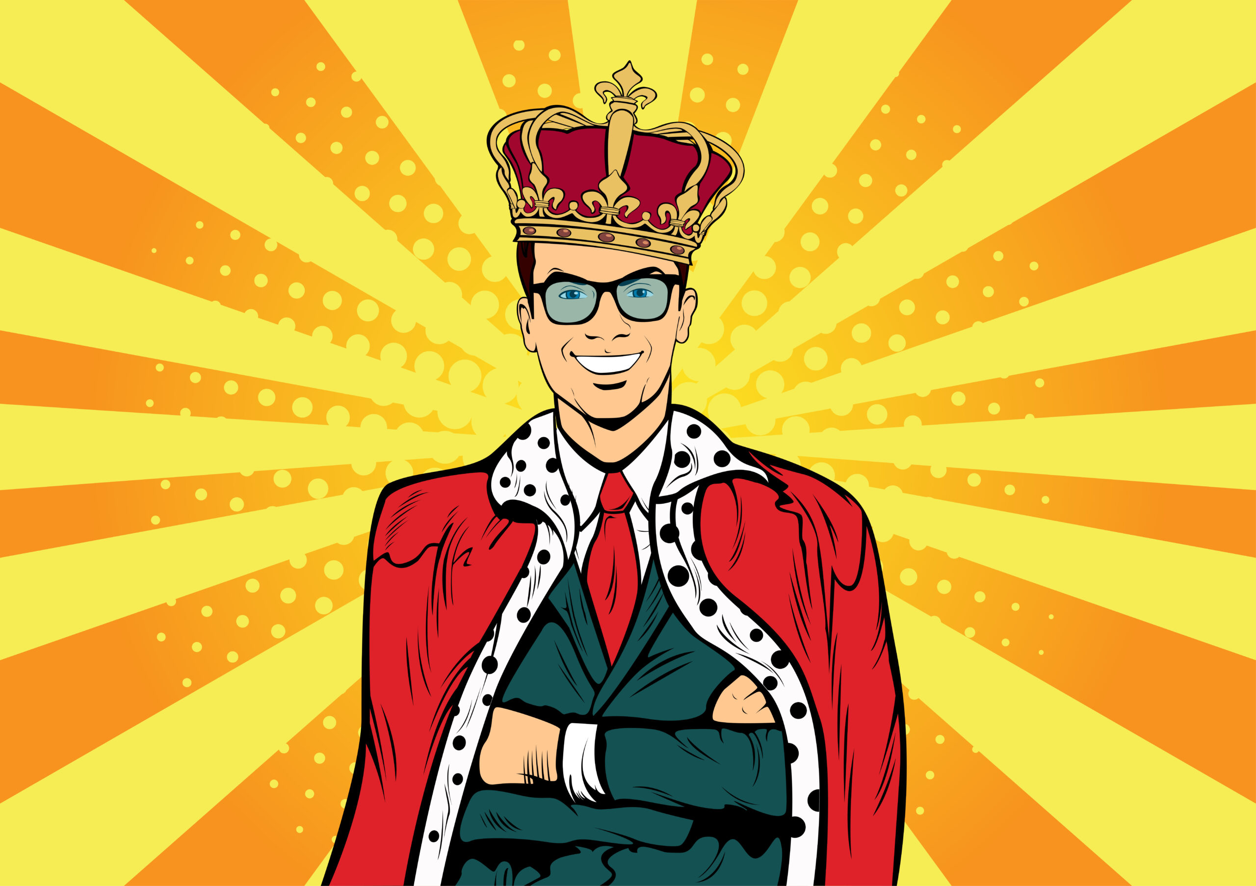 Business King. Businessman With Crown. Man Leader, Success Boss, Human Ego. Vector Retro Pop Art Comic Drown Illustration.